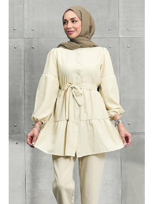 İmaj Butik Taş Kol Lastikli Eteği Katlı Tunik
