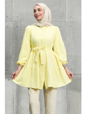 İmaj Butik Sarı Kol Lastikli Eteği Katlı Tunik