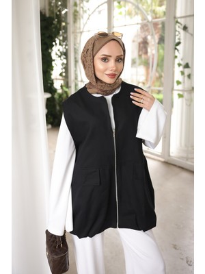 İmaj Butik Siyah Fermuarlı Oversize Gabardin Yelek