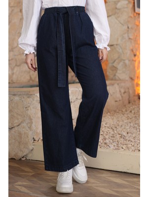İmaj Butik Lacivert Beli Kuşaklı Bol Paça Kot Pantolon