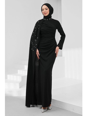İmaj Butik Siyah Taş Işlemeli Pelerinli Abiye