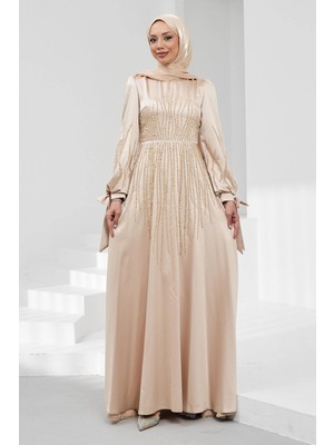 İmaj Butik Bej Kol Bağlamalı Taşlı Saten Abiye