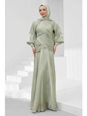 İmaj Butik Mint Yeşili Önü Drapeli Balon Kol Işıltılı Abiye