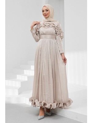 İmaj Butik Taş Yaka ve Etek Ucu Fırfırlı Işıltılı Abiye