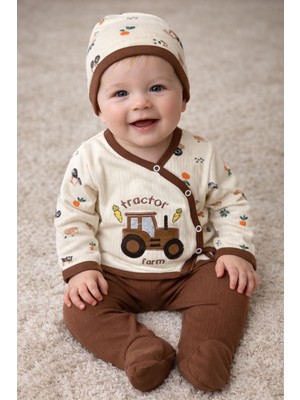 Leona Baby Traktör Nakışlı Kahverengi- Krem Erkek Bebek Zıbın