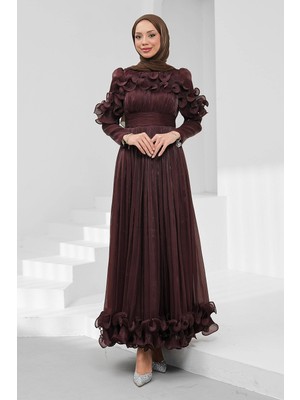 İmaj Butik Mürdüm Yaka ve Etek Ucu Fırfırlı Işıltılı Abiye
