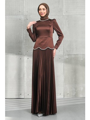 İmaj Butik Kahverengi Beli Taş Detaylı Etek Pileli Saten Abiye