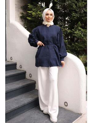 İmaj Butik Lacivert Bel Bağlamalı Broşlu Modal Tunik