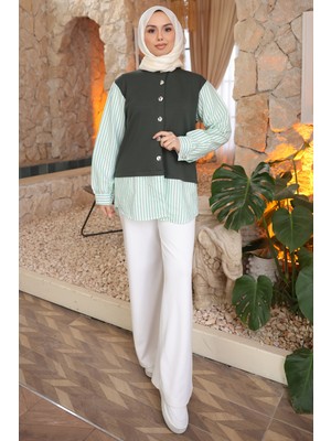 İmaj Butik Haki Kol ve Etek Gömlek Garnili Modal Sweat