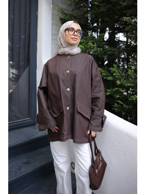 İmaj Butik Kahverengi Cepli Düğmeli Oversize Ceket