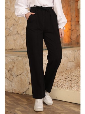 İmaj Butik Siyah Bel Lastikli Çimalı Kot Pantolon