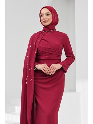 İmaj Butik Bordo Taş Işlemeli Pelerinli Abiye