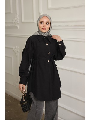 İmaj Butik Siyah Kendinden Desenli Ip Detaylı Gömlek