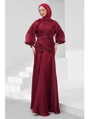 İmaj Butik Bordo Önü Drapeli Balon Kol Işıltılı Abiye