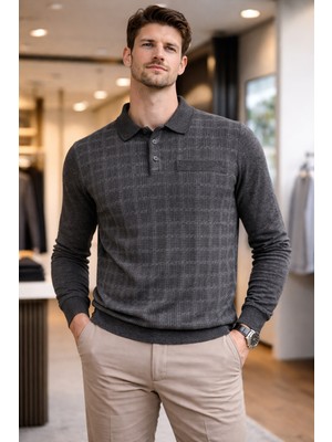 Karaca %50 Yün %50 Akrilik Polo Yaka Kare Desenli Kazak