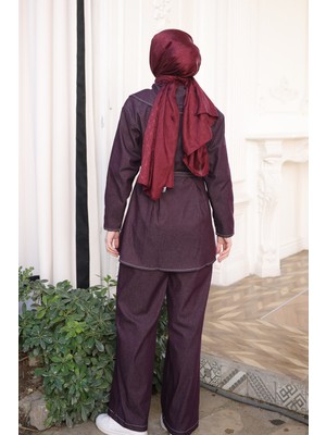 İmaj Butik Mürdüm Fermuarlı Kemerli Ceket Pantolonlu Takım