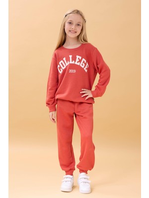 Perendi Kız Çocuk Bisiklet Yaka Kabartma Yazı Detaylı 2'li Eşofman Takımı Şardonsuz