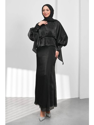 İmaj Butik Siyah Yarasa Kol  Katlı Janjan Abiye