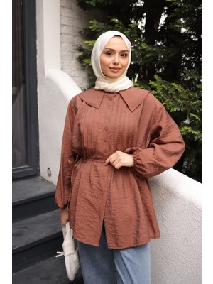 İmaj Butik Kahverengi Bebe Yaka Bel Bağlamalı Gömlek