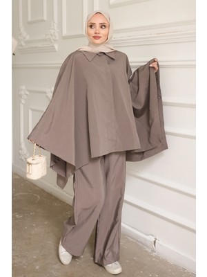 İmaj Butik Vizon Düğmeli Pantolonlu Panço Takım