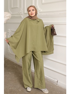 İmaj Butik Haki Düğmeli Pantolonlu Panço Takım