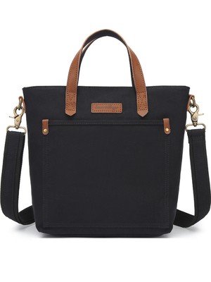 Smart Bags Siyah Kadın Omuz Çantası Kanvas Kumaş Hakiki Deri Detaylı Uzun Askılı