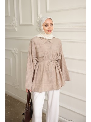 İmaj Butik Vizon Çizgili Oversize Ip Bağlamalı Gömlek