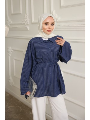 İmaj Butik Lacivert Çizgili Oversize Ip Bağlamalı Gömlek
