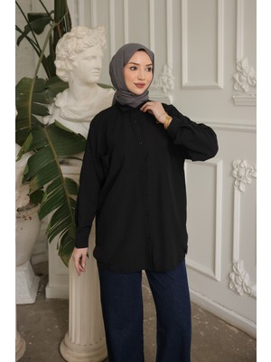 İmaj Butik Siyah Tek Cepli Eteği Lastikli Tunik Gömlek