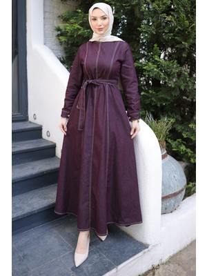 İmaj Butik Mürdüm Bisiklet Yaka Kuşaklı Kot Elbise