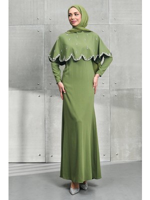 İmaj Butik Haki Seyyar Pelerinli Taşlı Balık Model Abiye