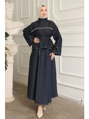 İmaj Butik Lacivert Önü Incili Bağlama Detaylı Etekli Kot Takım