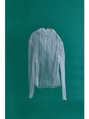 Sateen Çizgili Transparan Bluz - Ekru