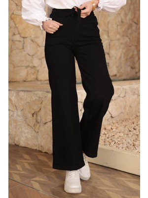 İmaj Butik Siyah Bel Kuşaklı Bol Paça Kot Pantolon