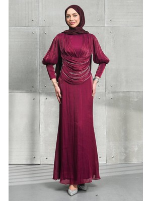 İmaj Butik Mürdüm Beli Zincir Detaylı Drapeli Janjan Abiye