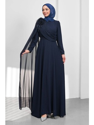 İmaj Butik Lacivert Çiçek Detaylı Kemerli Abiye