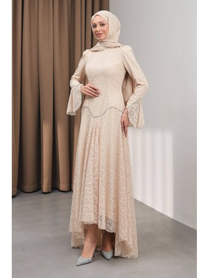 İmaj Butik Bej Güpürlü Astarlı Taşlı Abiye