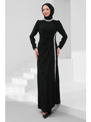 İmaj Butik Siyah Önü Drapeli Taşlı Abiye