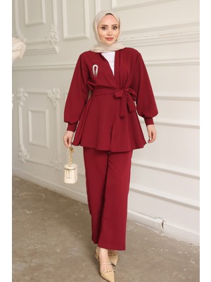 İmaj Butik Bordo Yaka Bronş Detaylı  Tunik Pantolonlu Takım