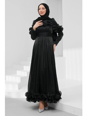 İmaj Butik Siyah Yaka ve Etek Ucu Fırfırlı Işıltılı Abiye