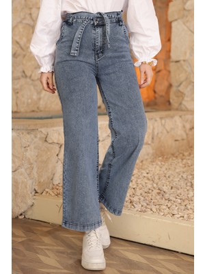 İmaj Butik Mavi Bel Kuşaklı Bol Paça Kot Pantolon