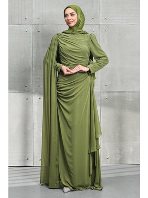 İmaj Butik Haki Pelerinli Gül Detaylı Şifon Abiye