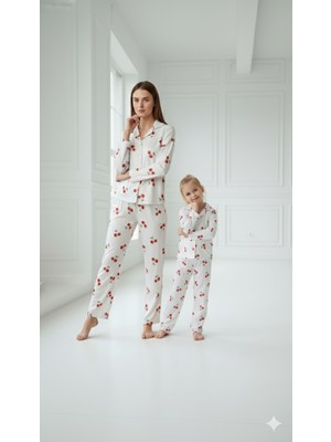 Arn Homewear Anne Kız Kombini Kiraz Desenli Pijama Takımı (Tek Takımfiyatıdır)