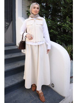 İmaj Butik Bej Yelek Gömlek Etek Üçlü Takım