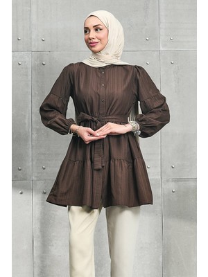 İmaj Butik Kahverengi Kol Lastikli Eteği Katlı Tunik