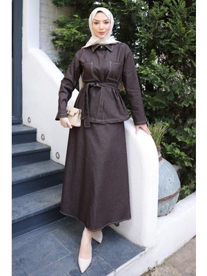 İmaj Butik Kahverengi Bel Kuşaklı Çift Cepli Ceket Etekli Takım