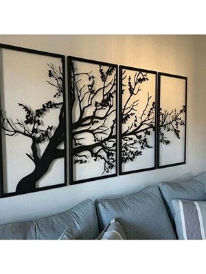 Chagrison Bahar Siyah 4'lü Hayat Ağacı' Ahşap Tablo