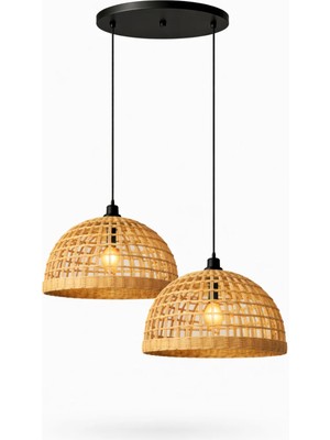 JouJou El Yapımı Rustik Rattan Avize 2'li Set Soho 30X30 cm | Doğal Kök Boya Vernikli Iskandinav Aydınlatma