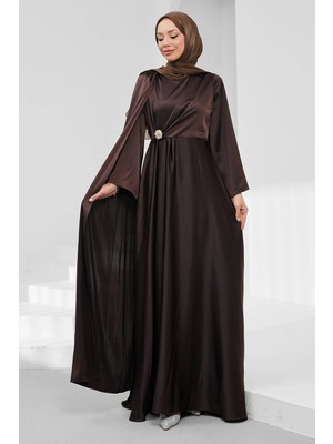 İmaj Butik Kahverengi Omuz Şal Detaylı Broşlu Saten Abiye
