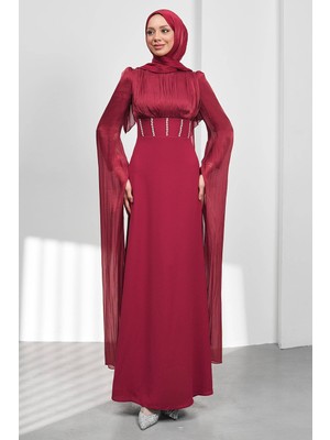İmaj Butik Bordo Kol Detaylı Balık Model Taşlı Abiye